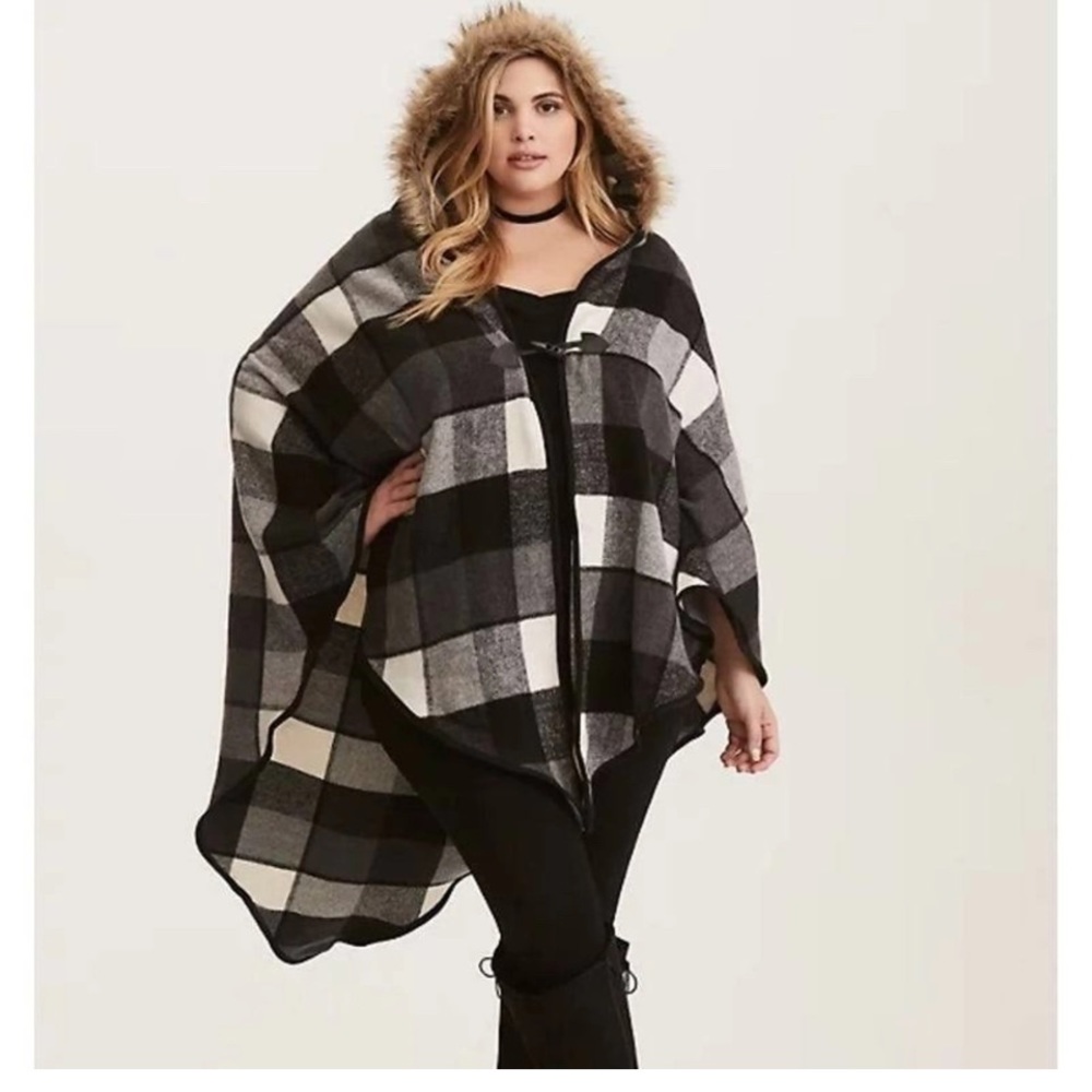 Torrid Gray Plaid‎ Hooded Cape Sz. S/M NWT